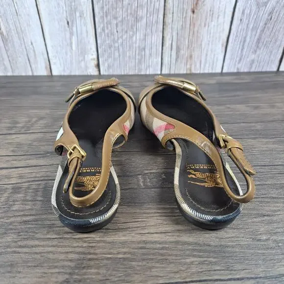 Burberry Flat Leather Sandals Brown/Plaid Slingback Novacheck Women's Sz 5.5